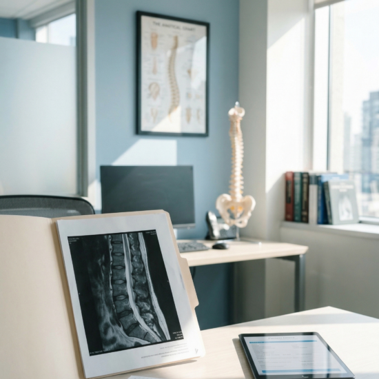Clinical consultation room with spine imaging