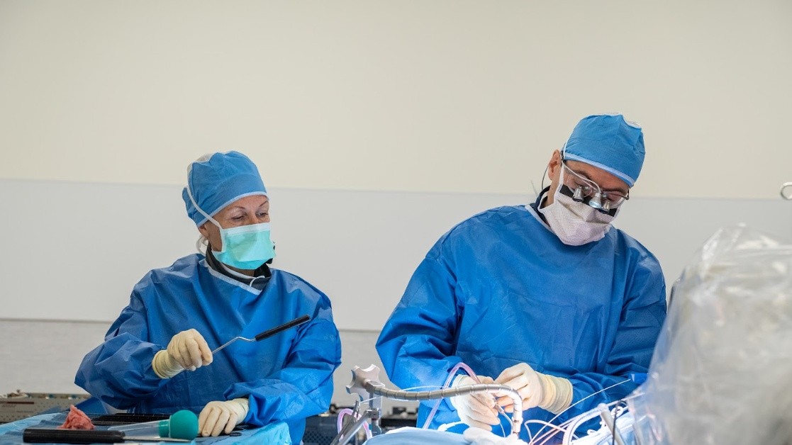 Spine surgery in progress in the operating room